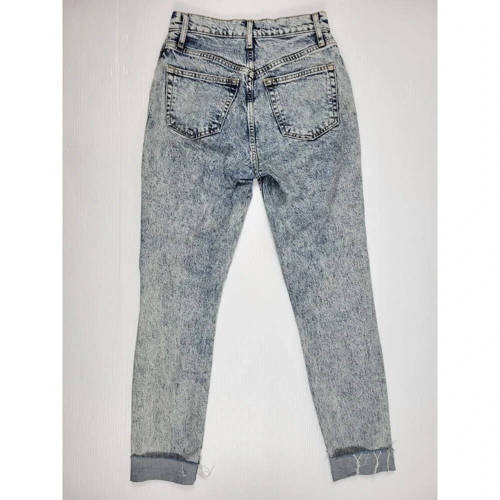 We The Free People Stella Jeans Women 26 Blue AcidWash Skinny Button Fly Raw Hem